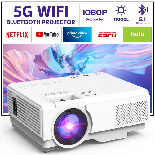 GCZ 1080P Projector with 5G WIFI and 5.1 Bluetooth, 11000L Full HD Movie Projector Support Sync Smart Phone by WIFI/ USB, 180'' Display For Home Theater